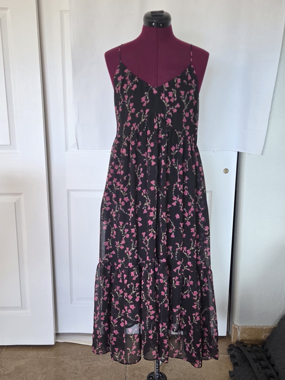 Black Tiered Maxi Slip Dress Size Small Whimsigoth Dark Romantic Floral Design